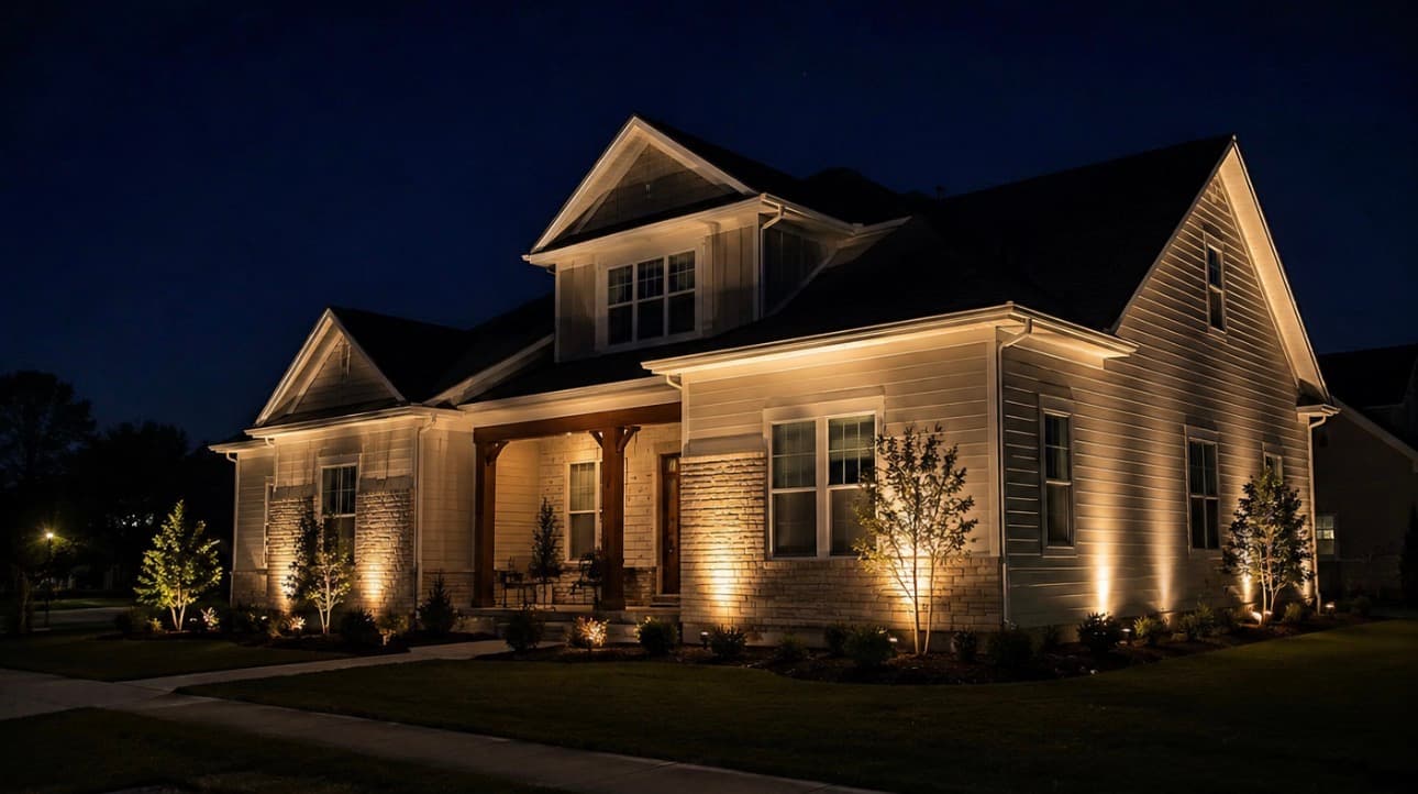 Landscape lighting illuminating a luxury home exterior
