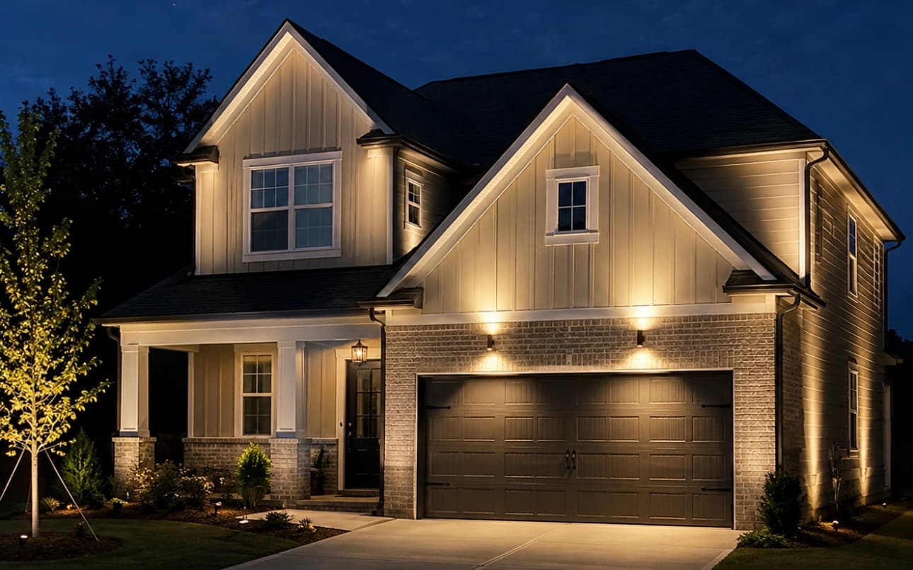 Driveway and home exterior lighting at night