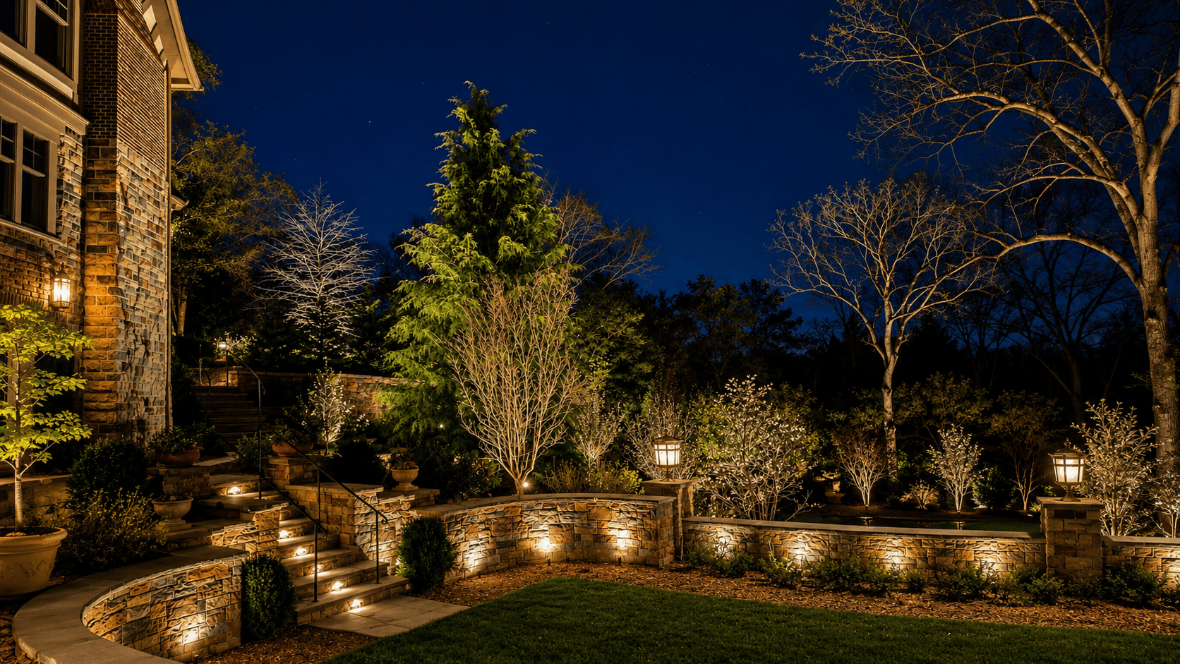 Illuminated stone retaining walls, steps, and landscape lighting in a residential outdoor living area
