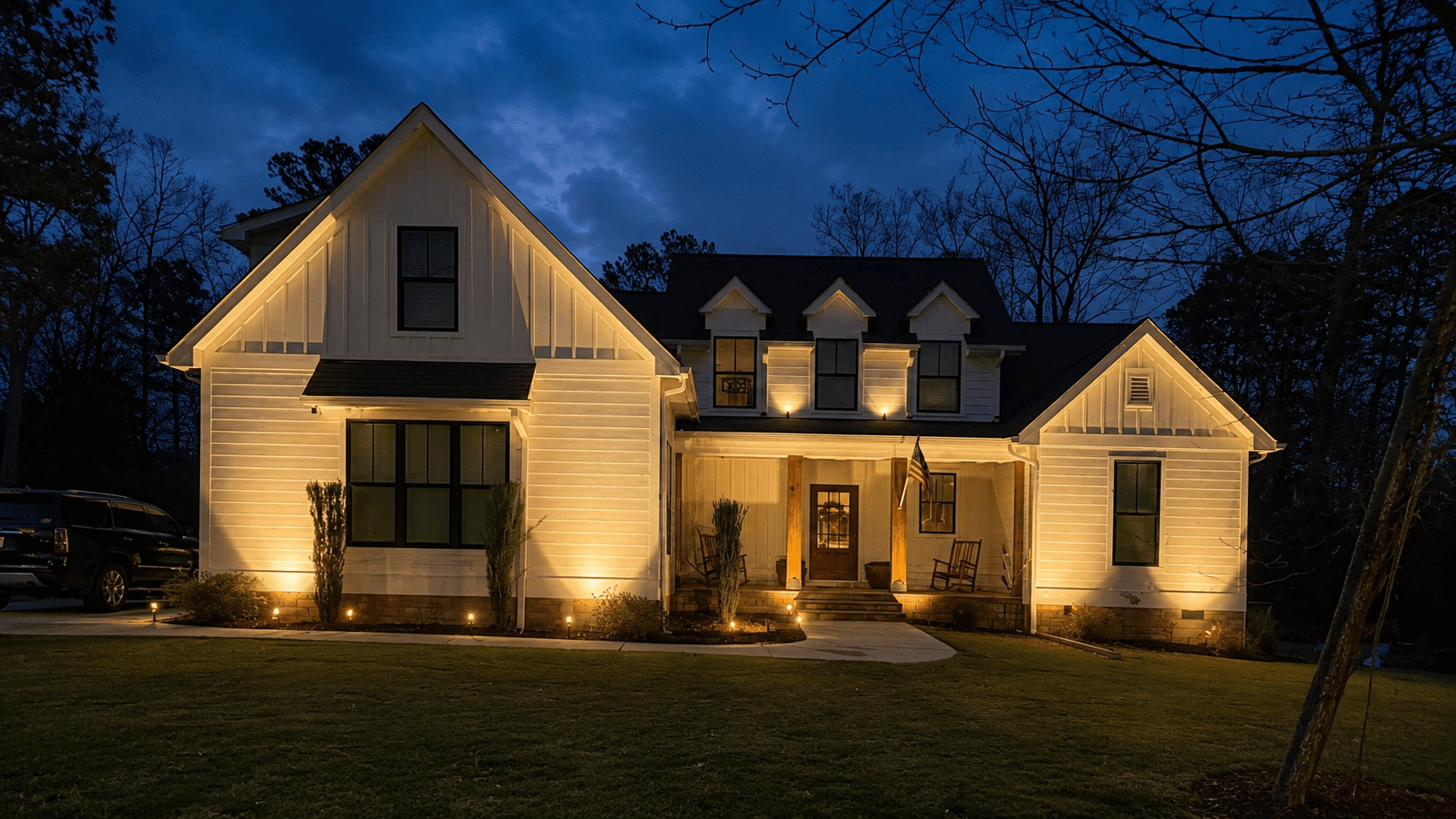 Architectural lighting highlighting a home's exterior at dusk