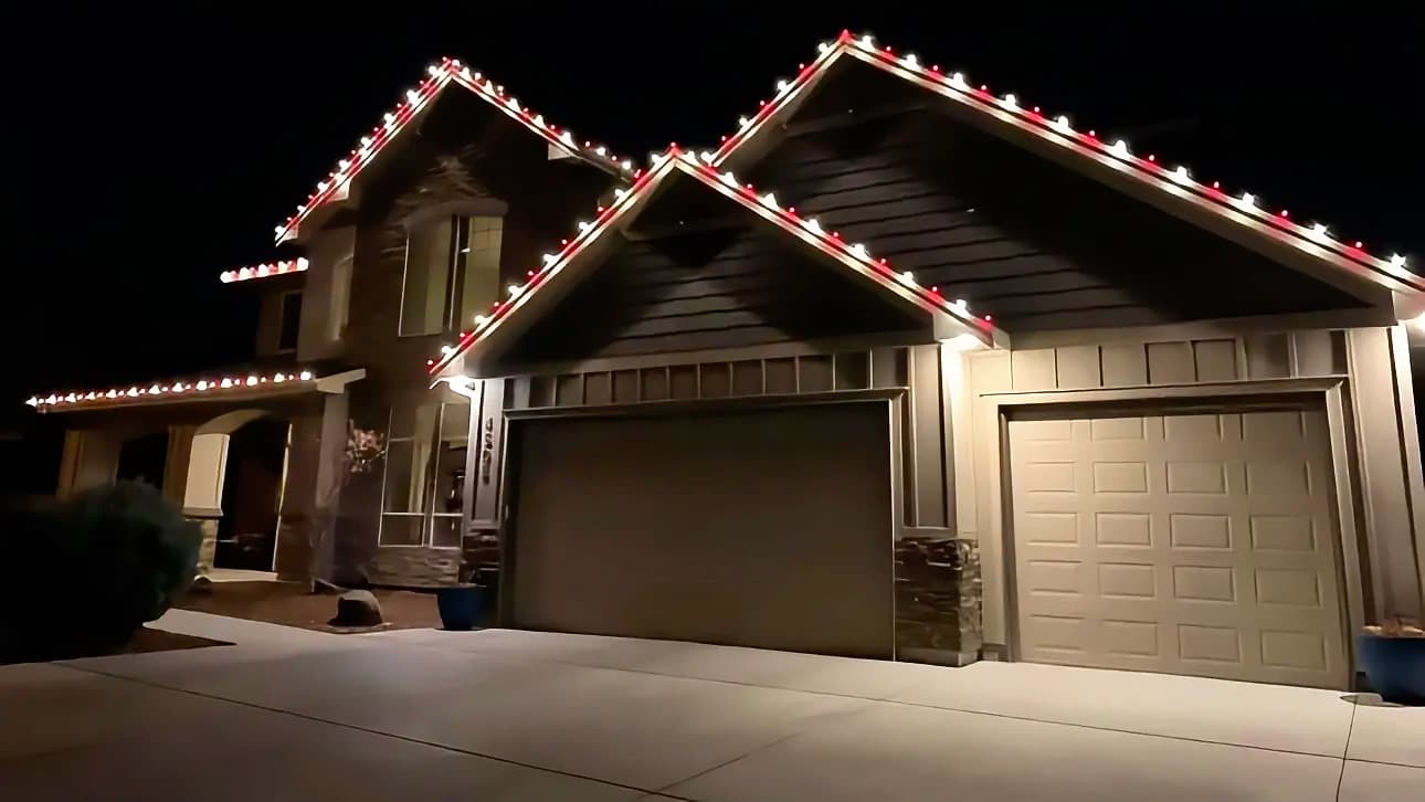 Professional Christmas roofline lighting on a Chattanooga-area home