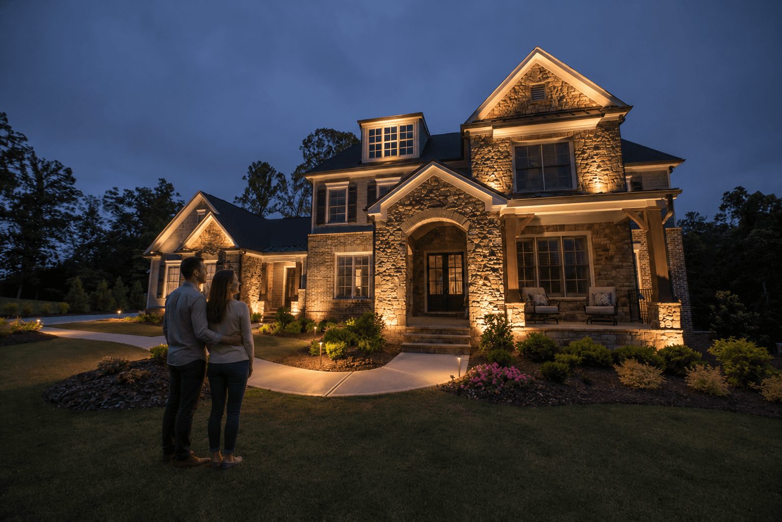 Homeowners viewing their professionally illuminated home at night