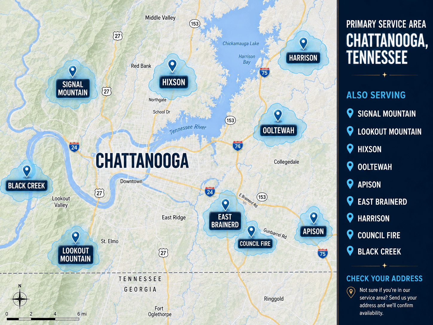 Map of the Chattanooga landscape lighting service area with surrounding communities labeled